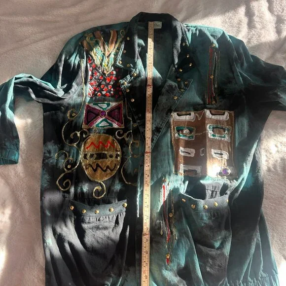 Vintage 90s Women’s Charle Casuals Art Jacket XL Boho Tribal Hand Painted Cotton - Picture 9 of 10